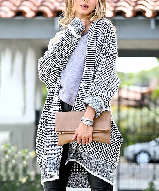 42POPS | Gray & White Plaid Longline Open Cardigan - Women