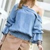 42POPS | Light Denim Blue Asymmetric Puff-Sleeve Top - Women