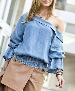 42POPS | Light Denim Blue Asymmetric Puff-Sleeve Top - Women