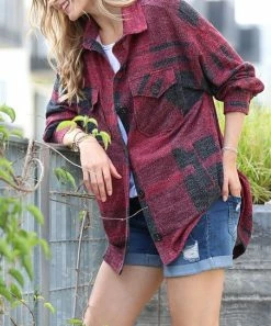 42POPS | Burgundy Plaid Jacquard Pocket Shacket - Women