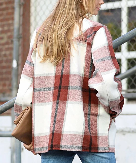 42POPS | Dark Rust Plaid Pocket Oversize Shacket - Women - Image 2
