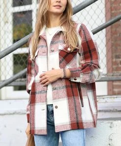 42POPS | Dark Rust Plaid Pocket Oversize Shacket - Women