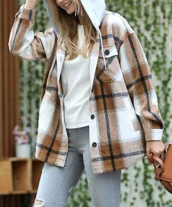 42POPS | Camel Plaid Hooded Pocket Shacket - Women
