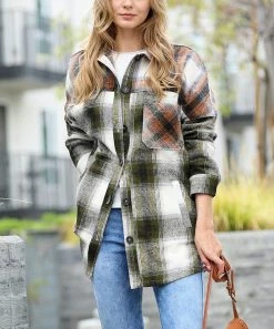 42POPS | Olive & Rust Plaid Longline Pocket Shacket - Women