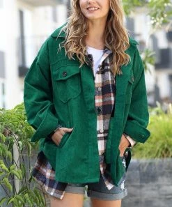 42POPS | Dark Green Corduroy Oversize Shacket - Women