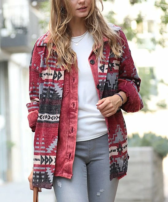 42POPS | Burgundy Geometric Pocket Shacket - Women - Image 2