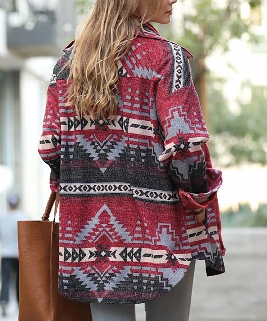 42POPS | Burgundy Geometric Pocket Shacket - Women - Image 3