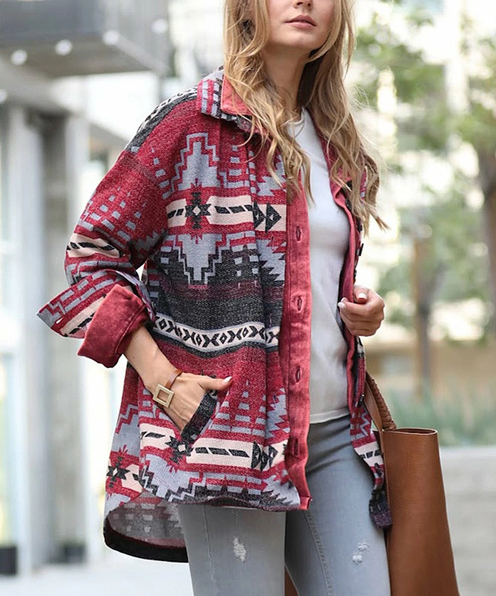 42POPS | Burgundy Geometric Pocket Shacket - Women