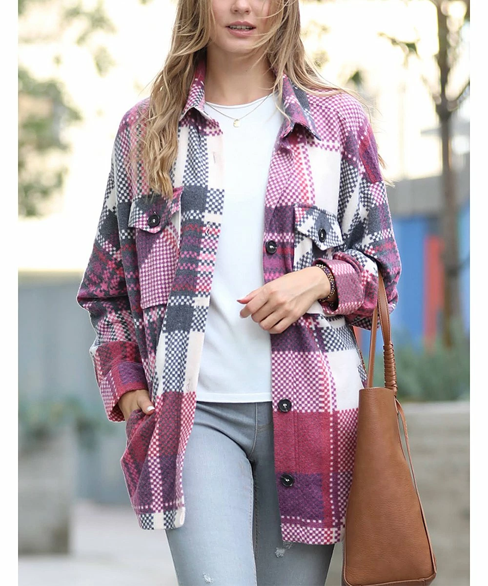 42POPS | Burgundy Plaid Oversize Button-Up Shacket - Women - Image 3
