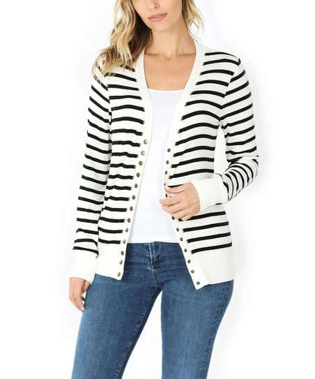 42POPS | Ivory & Black Stripe Snap-Front Cardigan - Women