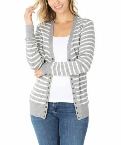 42POPS | Heather Gray & Ivory Stripe Snap-Front Cardigan - Women