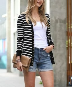 42POPS | Black & Ivory Stripe Snap-Front Cardigan - Women