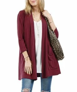 42POPS | Dark Burgundy Pocket Three-Quarter Sleeve Cardigan - Women