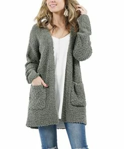 42POPS | Light Olive Popcorn Pocket Open Cardigan - Women