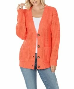 42POPS | Deep Coral Waffle Button-Front Cardigan - Women