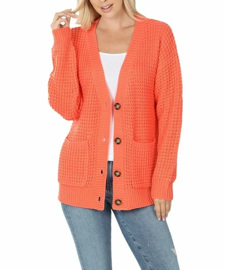 42POPS | Deep Coral Waffle Button-Front Cardigan - Women
