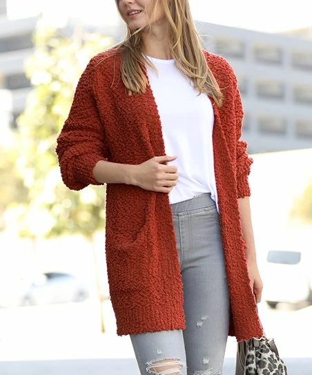 42POPS | Dark Rust Popcorn Pocket Open Cardigan - Women