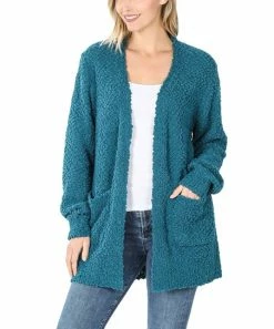 42POPS | Teal Popcorn Bishop-Sleeve Open Pocket Cardigan - Women