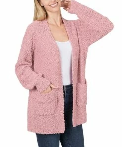 42POPS | Light Rose Popcorn Puff-Sleeve Open Pocket Cardigan - Women