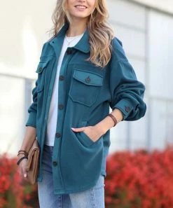 42POPS | Teal Curved-Hem Pocket Oversize Shacket - Women