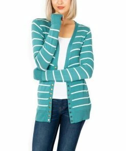 42POPS | Dusty Teal & Ivory Stripe Snap-Front Cardigan - Women