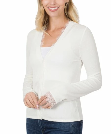 42POPS | Ivory Lace-Trim Cardigan - Women