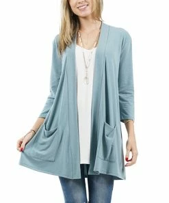 42POPS | Blue Gray Pocket Three-Quarter Sleeve Cardigan - Women