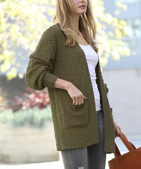 42POPS | Dark Olive Popcorn Pocket Open Cardigan - Women