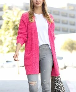 42POPS | Fuchsia Popcorn Puff-Sleeve Open Pocket Cardigan - Women