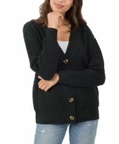 42POPS | Black Waffle Button-Front Cardigan - Women