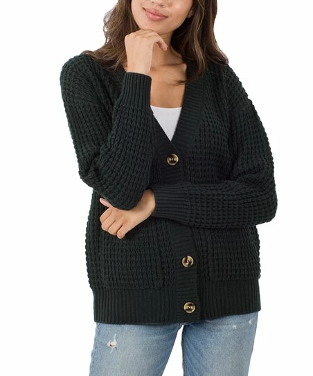 42POPS | Black Waffle Button-Front Cardigan - Women