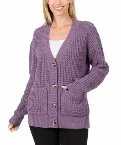 42POPS | Lilac Gray Waffle Button-Front Cardigan - Women