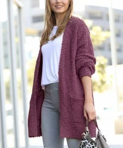 42POPS | Eggplant Popcorn Pocket Open Cardigan - Women