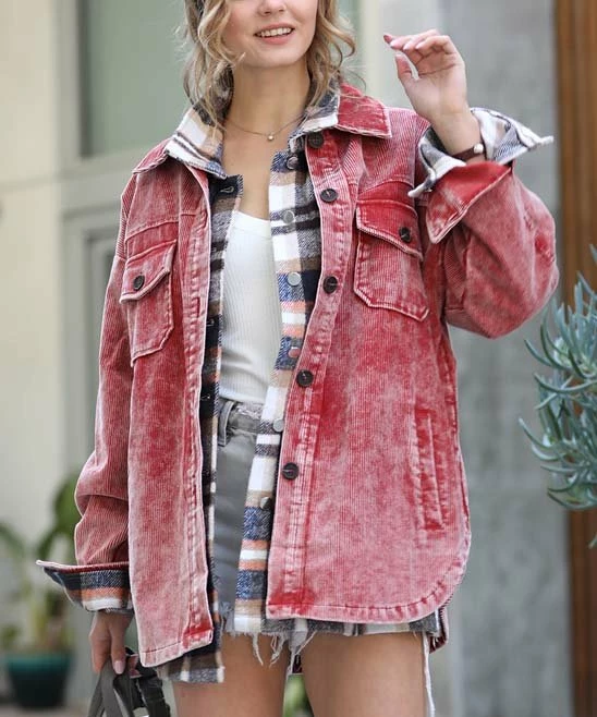 42POPS | Copper Red Vintage-Wash Corduroy Pocket Shacket - Women - Image 2