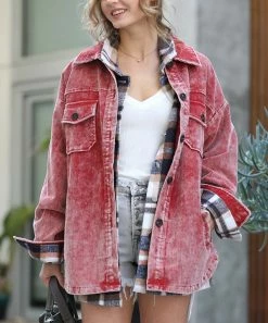 42POPS | Copper Red Vintage-Wash Corduroy Pocket Shacket - Women