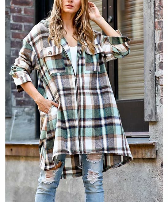 42POPS | Green Plaid Drawstring-Hem Pocket Zip-Up Hooded Coat - Women - Image 2