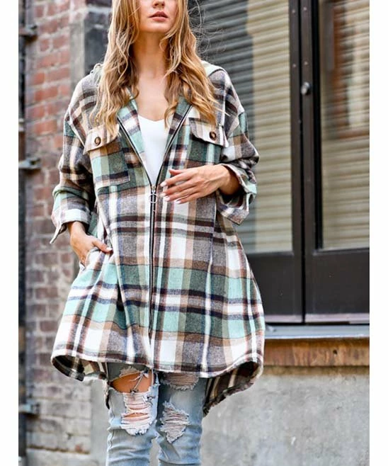 42POPS | Green Plaid Drawstring-Hem Pocket Zip-Up Hooded Coat - Women - Image 3