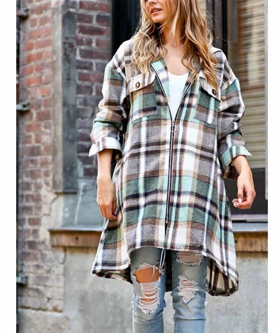 42POPS | Green Plaid Drawstring-Hem Pocket Zip-Up Hooded Coat - Women - Image 4