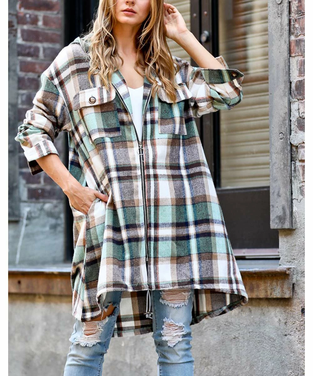 42POPS | Green Plaid Drawstring-Hem Pocket Zip-Up Hooded Coat - Women - Image 5