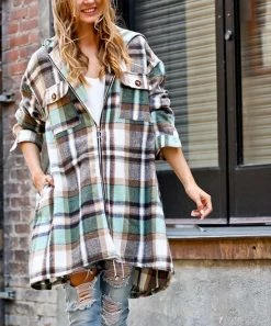 42POPS | Green Plaid Drawstring-Hem Pocket Zip-Up Hooded Coat - Women