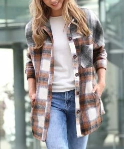 42POPS | Rust & Olive Mixed-Plaid Pocket Oversize Shacket - Women