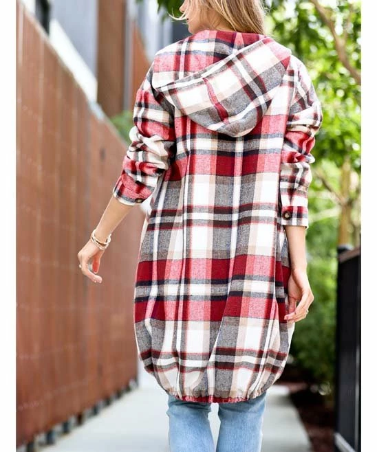 42POPS | Red Plaid Drawstring-Hem Pocket Zip-Up Hooded Coat - Women - Image 2