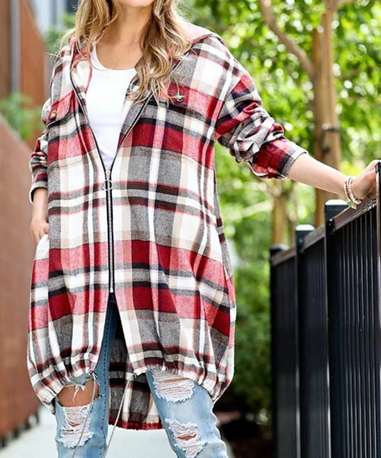 42POPS | Red Plaid Drawstring-Hem Pocket Zip-Up Hooded Coat - Women