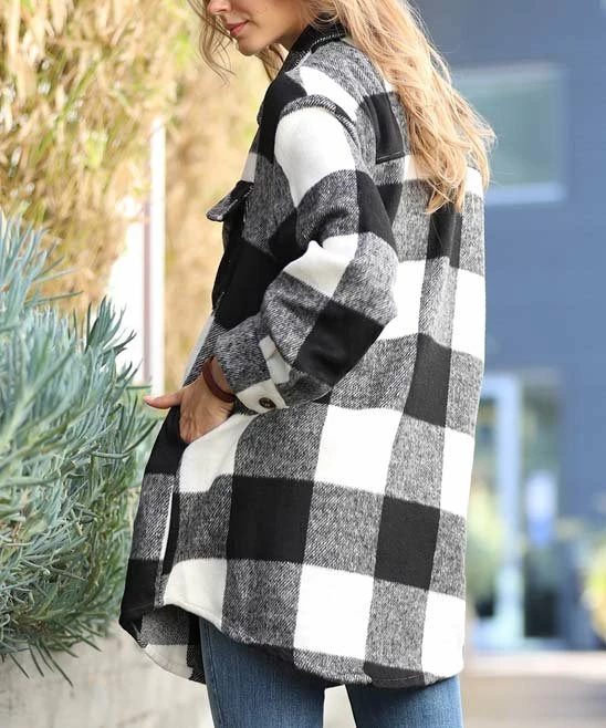 42POPS | Black Check Curved-Hem Pocket Shacket - Women - Image 3