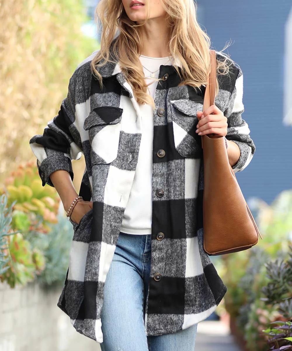 42POPS | Black Check Curved-Hem Pocket Shacket - Women