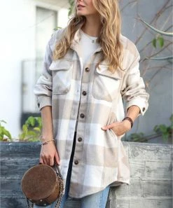42POPS | Khaki Check Curved-Hem Pocket Shacket - Women