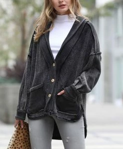 42POPS | Ash Gray French Terry V-Neck Button-Up Hi-Low Pocket Jacket - Women