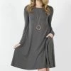 42POPS | Ash Gray Jewel-Collar Long-Sleeve Pocket Shift Dress - Women