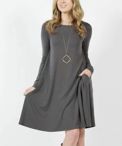 42POPS | Ash Gray Jewel-Collar Long-Sleeve Pocket Shift Dress - Women
