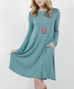 42POPS | Dusty Teal Jewel-Collar Long-Sleeve Pocket Shift Dress - Women